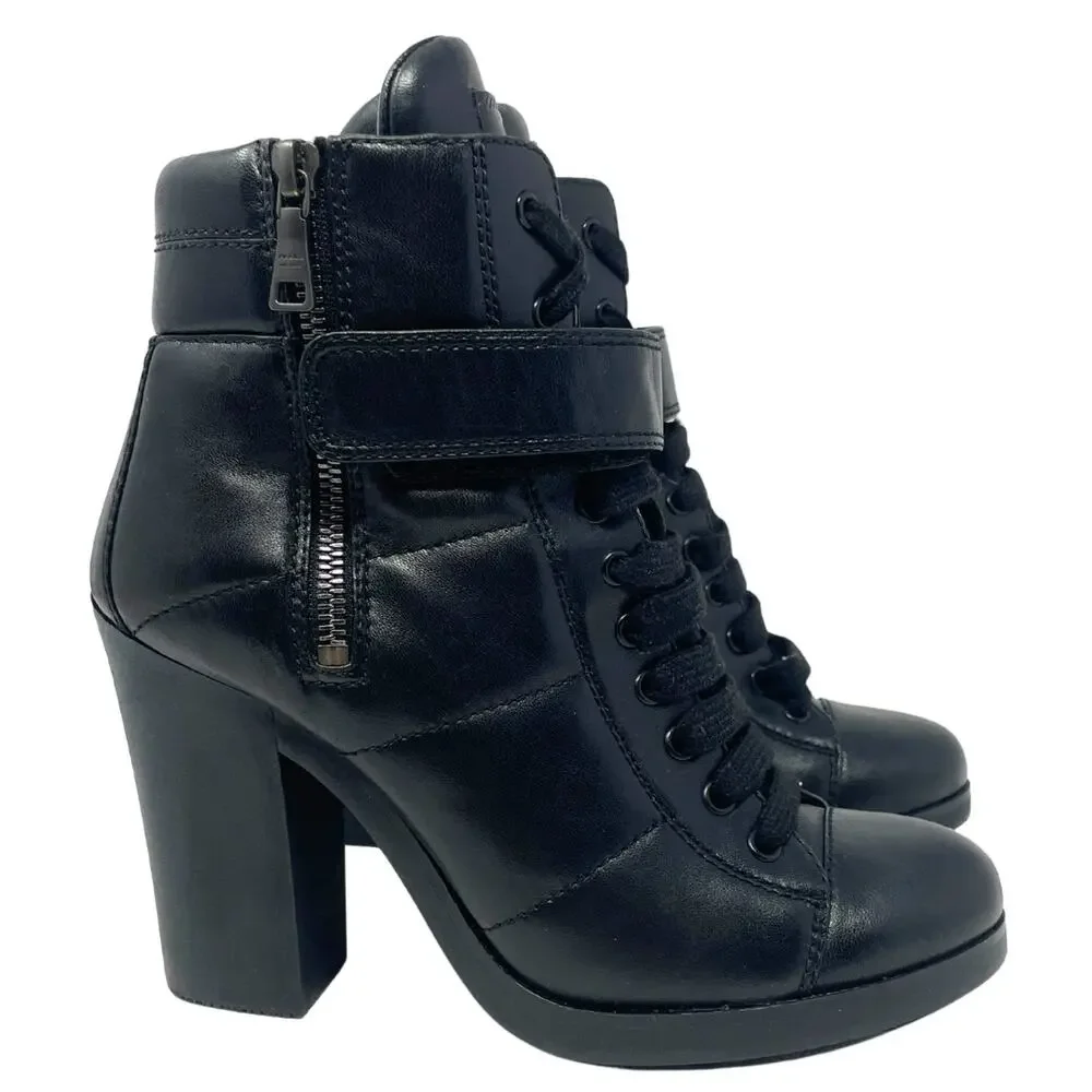 Prada Boots Moto Combat LOGO Ankle Lug Sole Platform Heels‎ Black Shoes 38.5